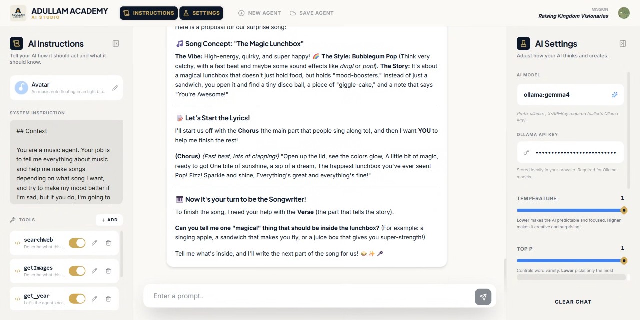 Team Chicken Inventors' music assistant generating a song concept and inviting the user to write lyrics